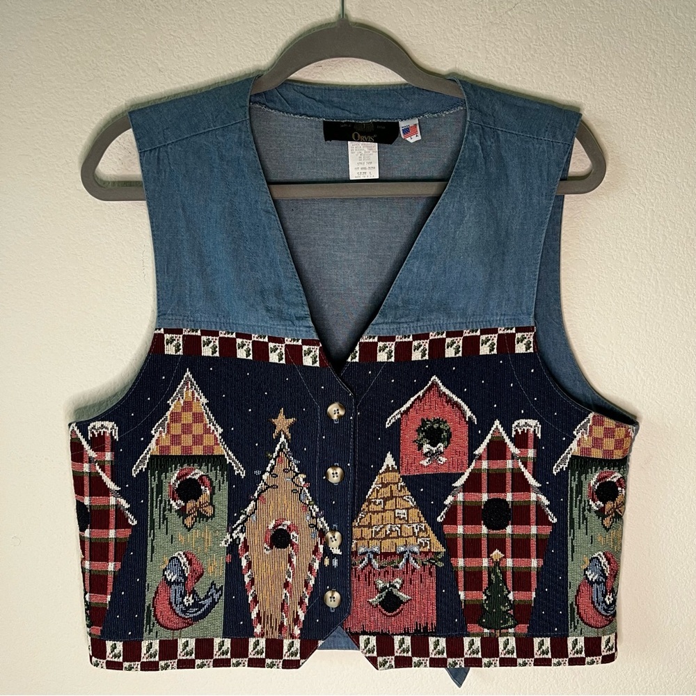 Vintage Orvis Made in the USA Chambray Christmas Birdhouse Tapestry Vest Large - Picture 2 of 11